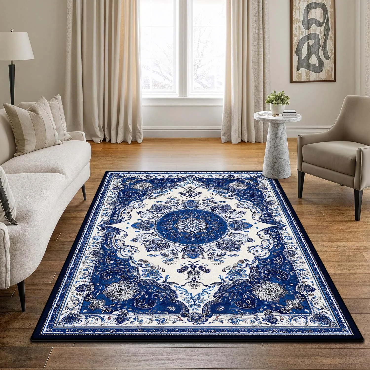 Blue-white Persian Retro Living Room Carpet Washable Non-slip Decoration Home Cloakroom Rug Large Area Soft Dining Room Mats