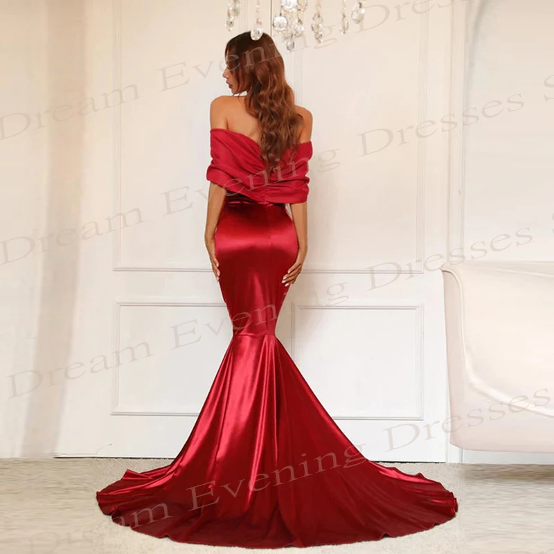 Beautiful Red Mermaid Graceful Evening Dresses For Women Modern Off The Shoulder Sleeveless Prom Gowns Simple Satin Formal Party