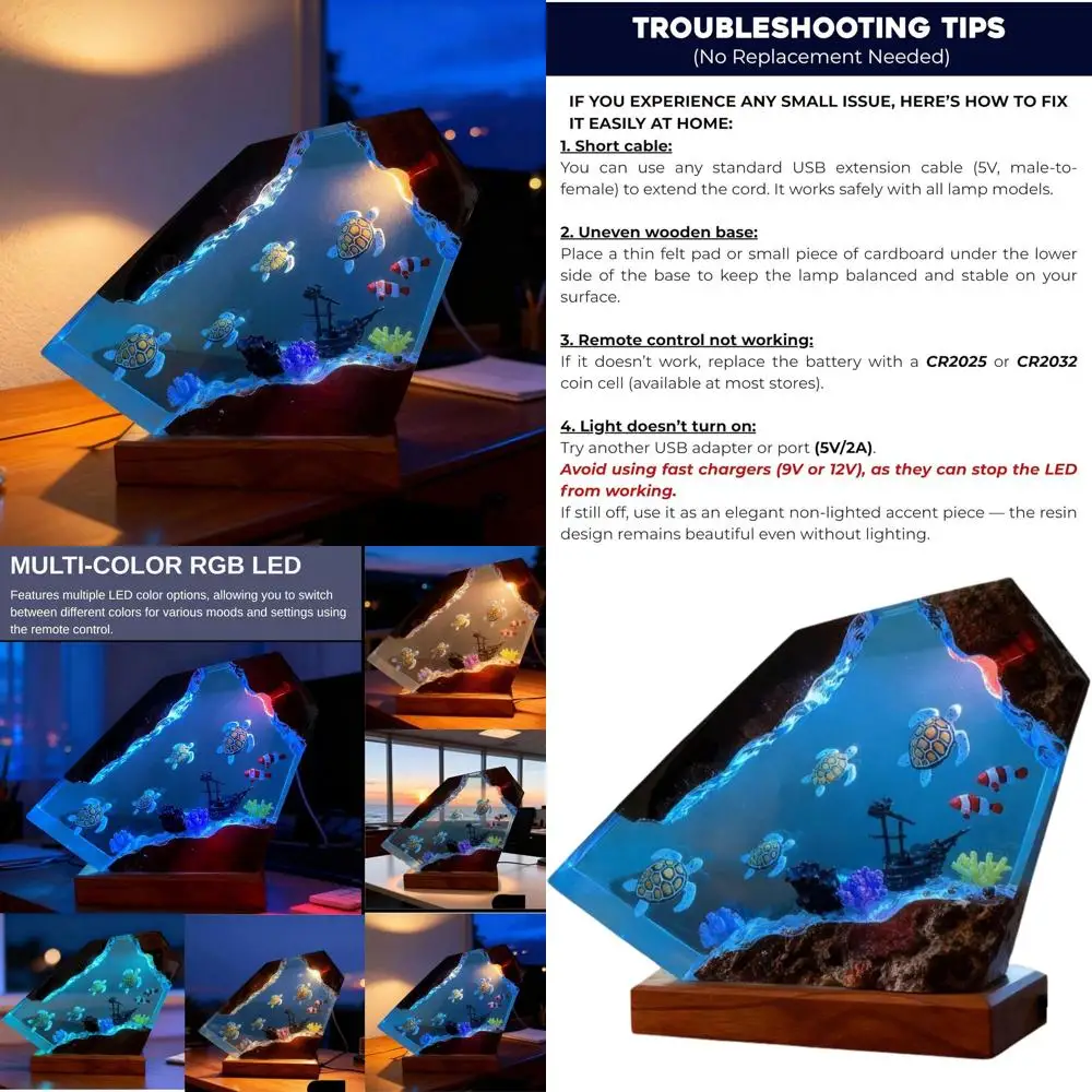 Resin Art LED Night Light: 16-Color USB Whale & Turtle Desk Lamp with Wooden Base, Remote Control, Handcrafted Gift for Holidays