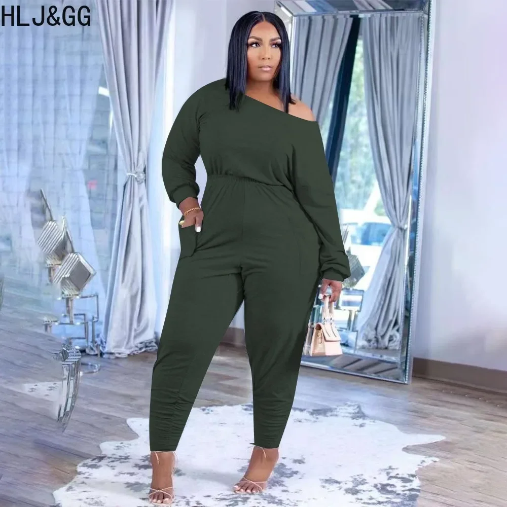 HLJ&GG Autumn Casual One Shoulder Long Sleeve Top And Jogger Pants Two Piece Sets Women Solid Color Matching Sporty 2pcs Outfits
