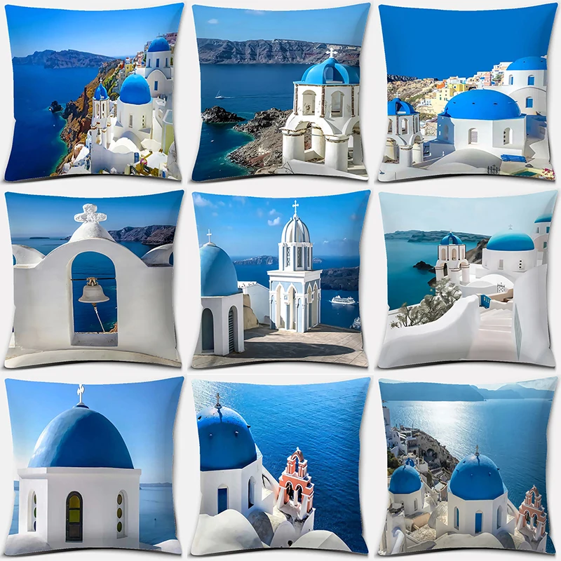 Home Decor Greek Santorini Pattern Print Collection Pillowcase Square  Office Decoration Sofa Cushion 45x45cm