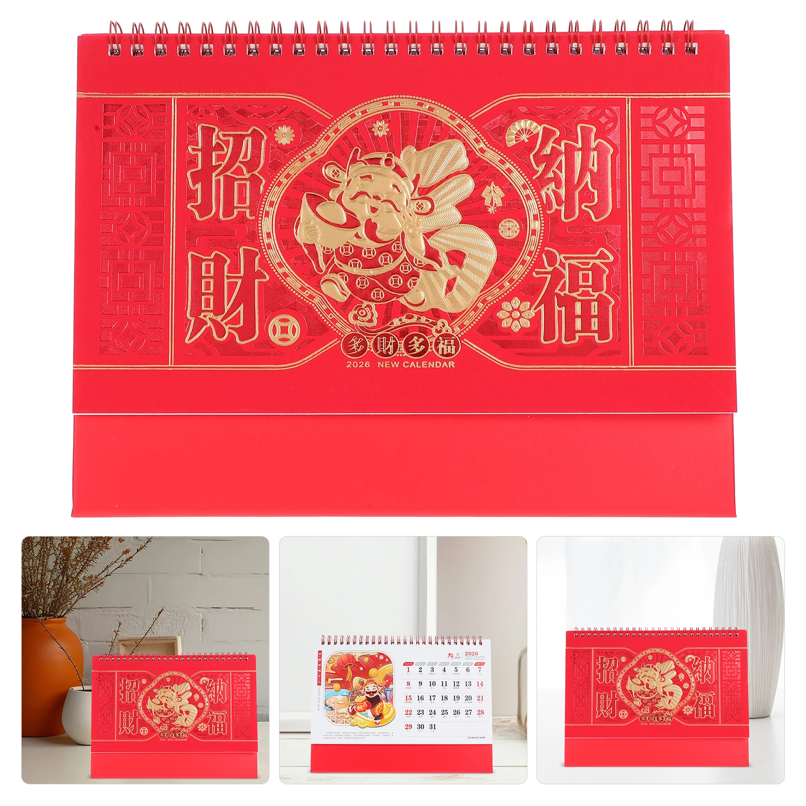 

2026 Horse Year Desktop Calendar Red Chinese Style Thick Paper Printing Memo Pad Function New Year Present Table Calendar