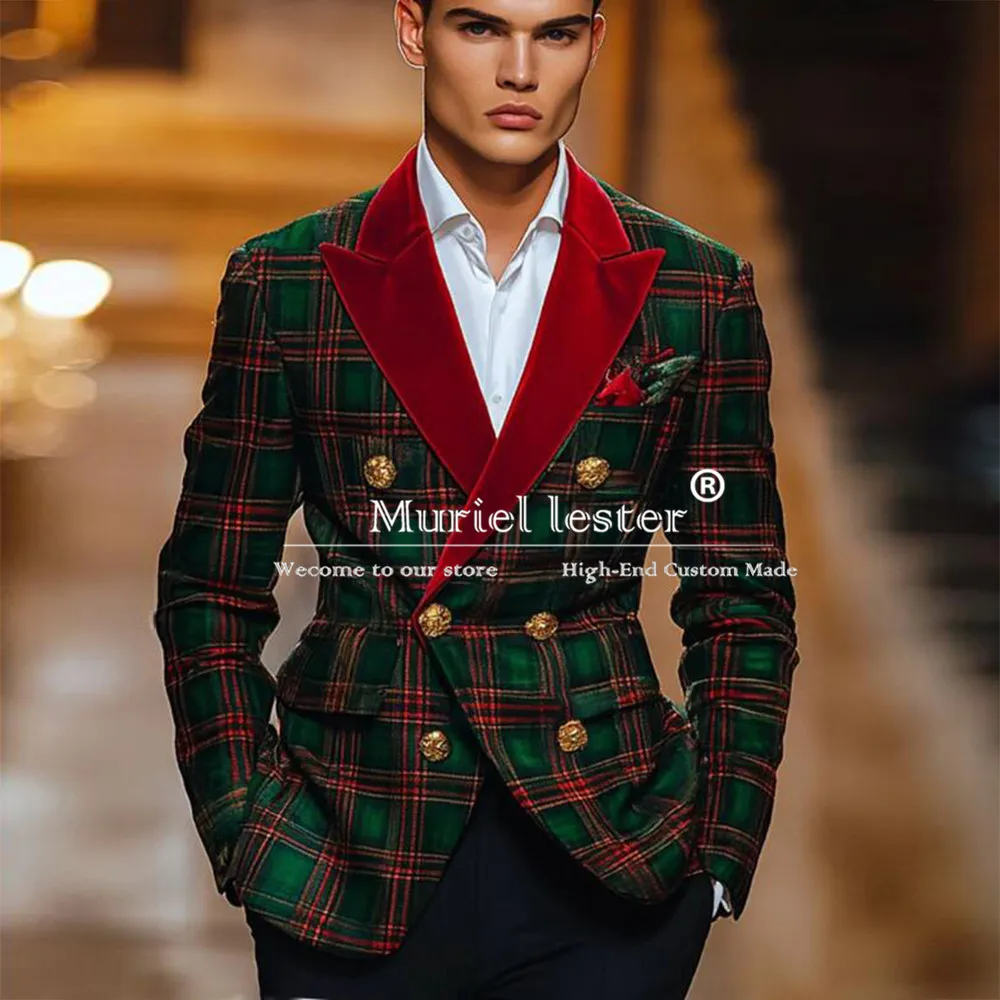 Male Fashion Plaid Groom Tuxedos Customized Double Breasted Jacket Pants 2 Pieces Suits Men Slim Fit traje de hombre elegante