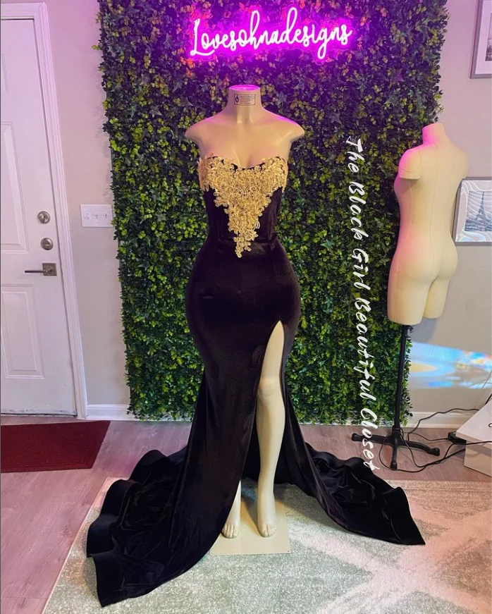 Light Luxury Black Sheath Prom Dresses Exquisite Applique Pearls Birthday Party Gowns 2024 Black Girls High Slit Ruffle Gowns