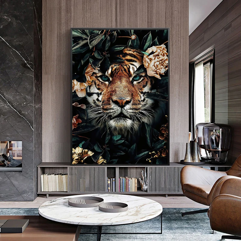 Wild Jungle Animal Canvas Painting With Frame Leaves Zebra Lion Tiger Chimpanzee Poster Picture Print Wall Art Living Room Decor