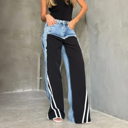 

Женские джинсы с широкими штанинами, в полоску, контрастные, с низкой посадкой, с эффектом потертости, с карманами, 2026, уличный стиль, длина в пол
