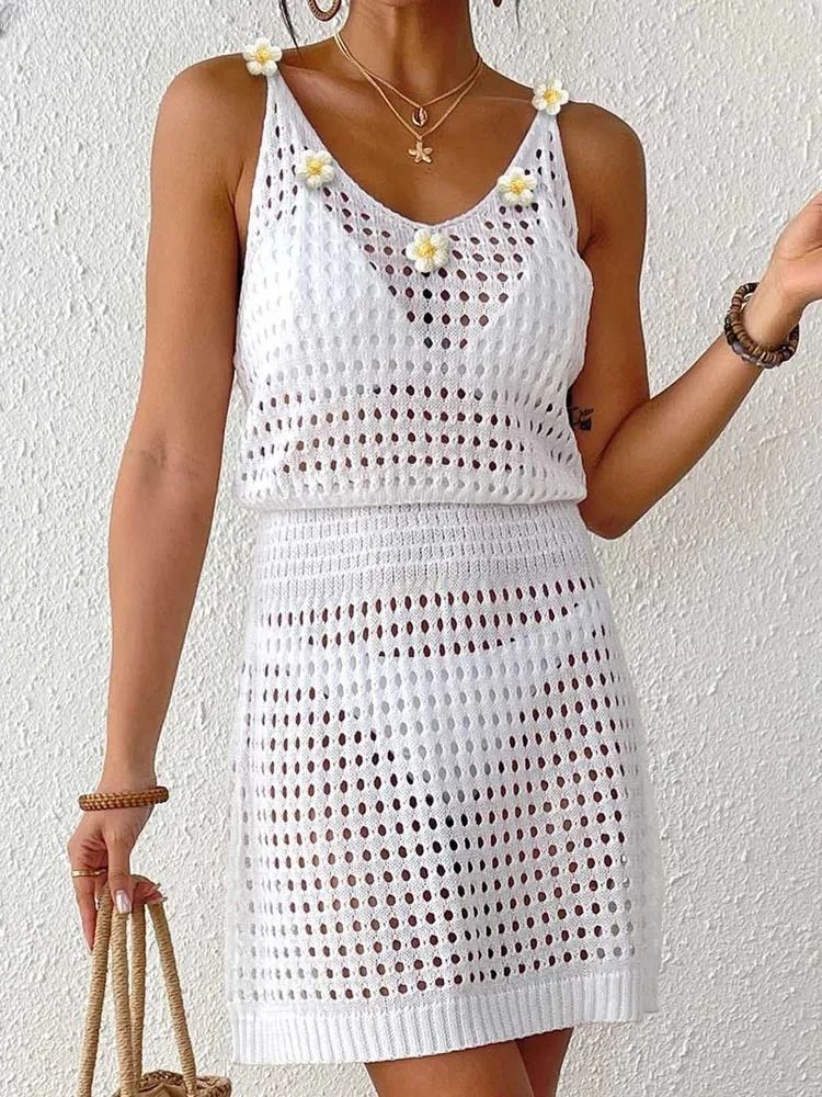 Sexy Women Hollow Cove Up V Neck Strap Lady Short Beach Dress Female Sleeveless Brazilian Swimsuit Cover-Ups