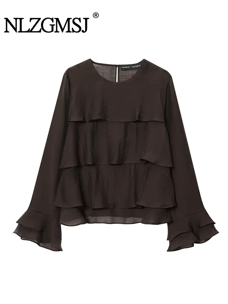 

NLZGMSJ Повседневная шикарная женская блузка с круглым вырезом и длинным рукавом, свободные рубашки, новая мода, осень 202, элегантная женская блузка