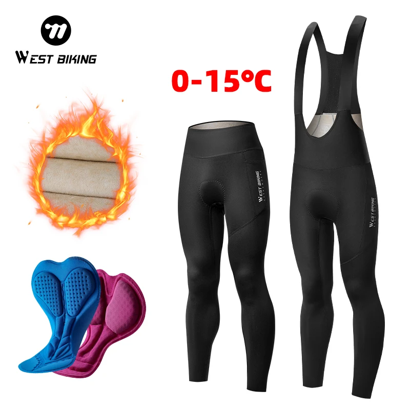 WEST BIKING Thermal Fleece Cycling Bibs Pants Autumn Winter Bicycle Tights Trousers Keep Warm Bike Pad Pants Men Women 0-20°C