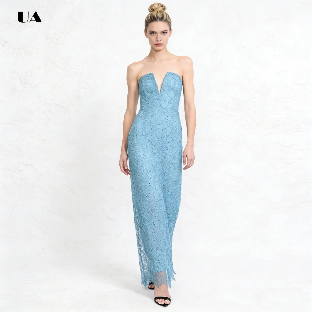 ULBYANRY Sleeveless Column Prom Dress, Solid Lace Evening Dress with Back Slit, Simple V-neck Customized Party Gowns for Women