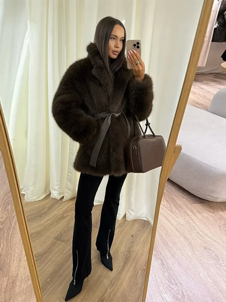 2025 Winter Pluizige Nepbont Lange Jassen Met Riem Vrouwen Chic Revers Dikke Warmte Jas Elegante Straat Dame Volledige Mouw Bovenkleding