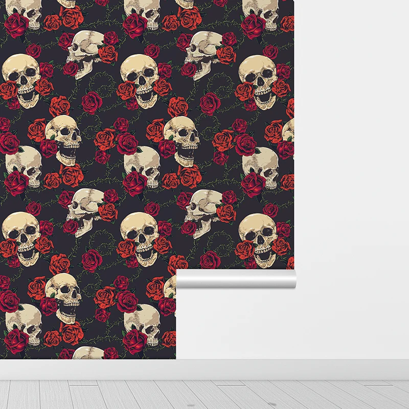 Rose Skull Halloween PVC Wallpaper Peel And Stick Black Red Waterproof Wallpaper Festival Viny Furniture Sticker For Living Room