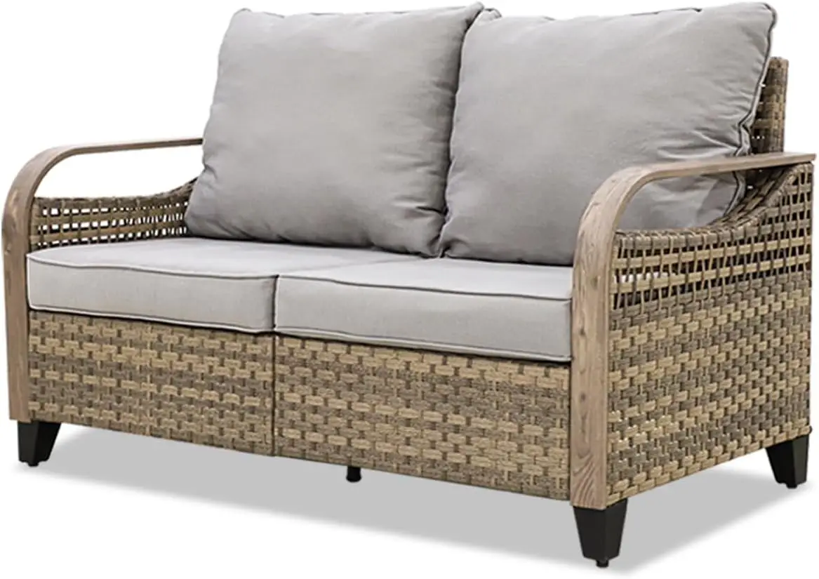 Wicker Outdoor Furniture Sofa w/Cushions, Small Balcony Outdoor Loveseat 2 Seat Couch for Backyard Deck Porch, Brown/Gray