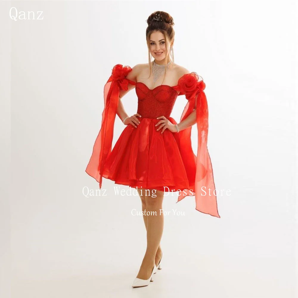 

Qanz Red Sweetheart Cocktail Dresses Bow Straps Glitter Sparkle Organza Short Prom Dress Above Knee Corset Vestidos De Festa