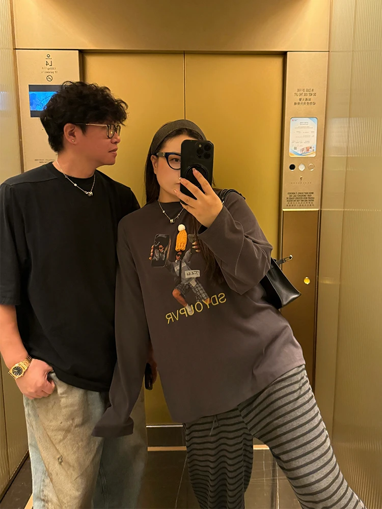 

Свободная футболка с длинным рукавом и декоративной нашивкой в виде шапки, с американским мультяшным принтом, больших размеров, женская, с круглым вырезом, повседневная, осенне-зимняя, топ