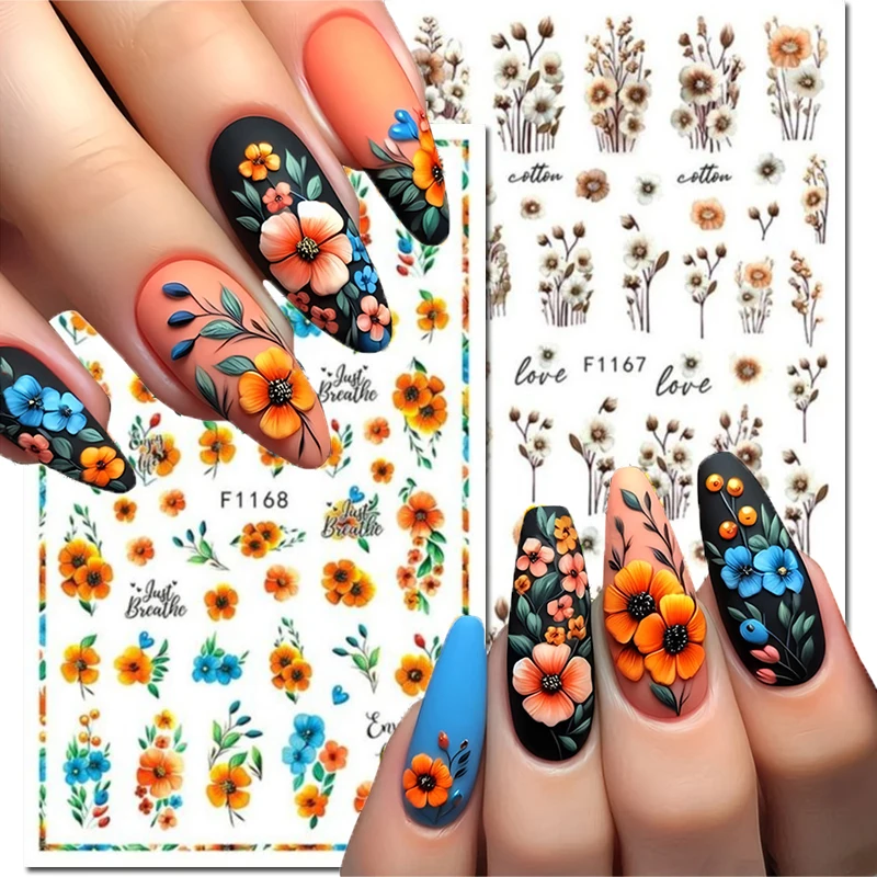 

3D Nail Art Stickers Autumn Winter Dry Petals Florals Gold Yellow Blue Flowers Bees Nails Decals Decorations For Manicures