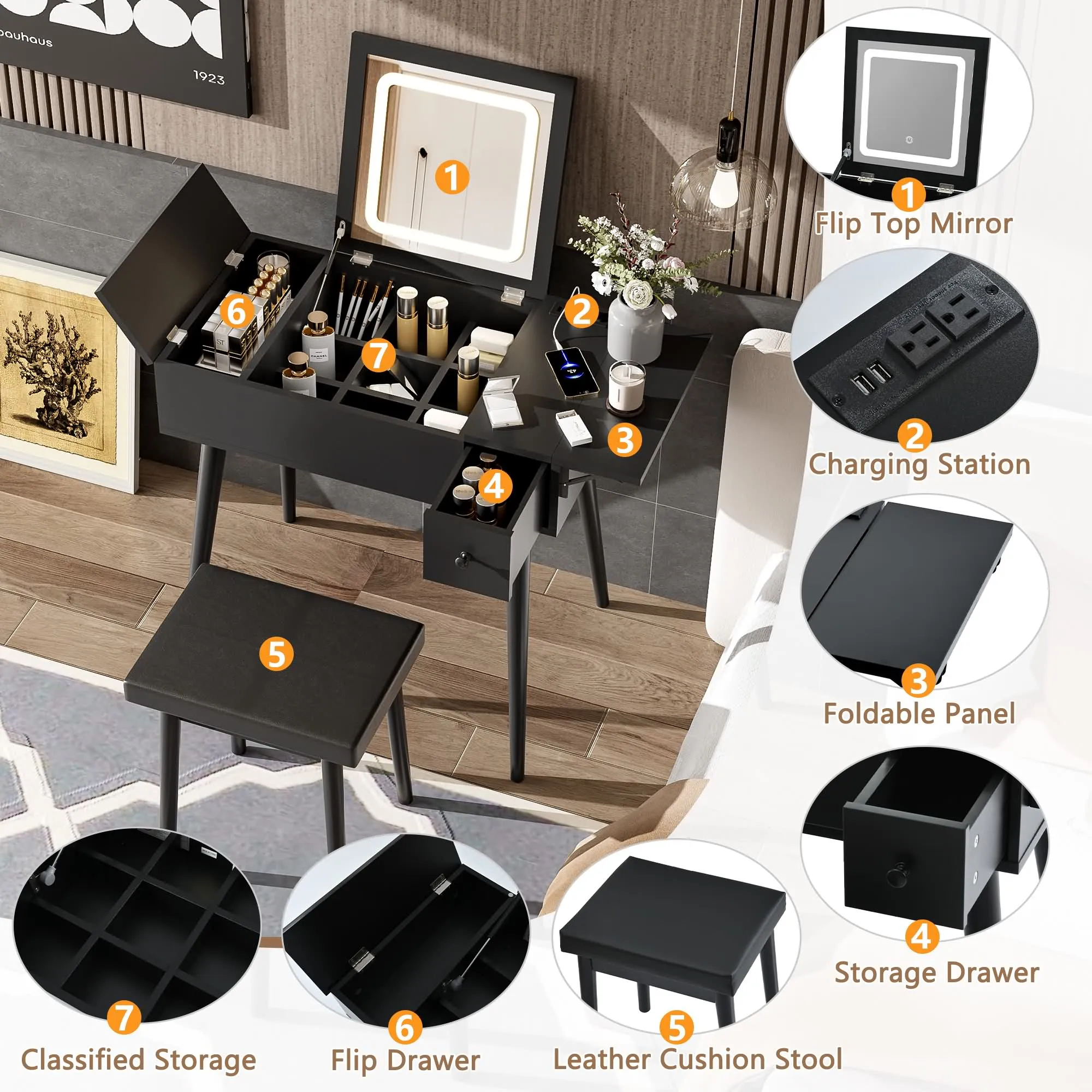 27.9'' Black Makeup Vanity Desk with Flip Top Mirror and LED Light, Dressing Table with Charging Station, 2 Drawers