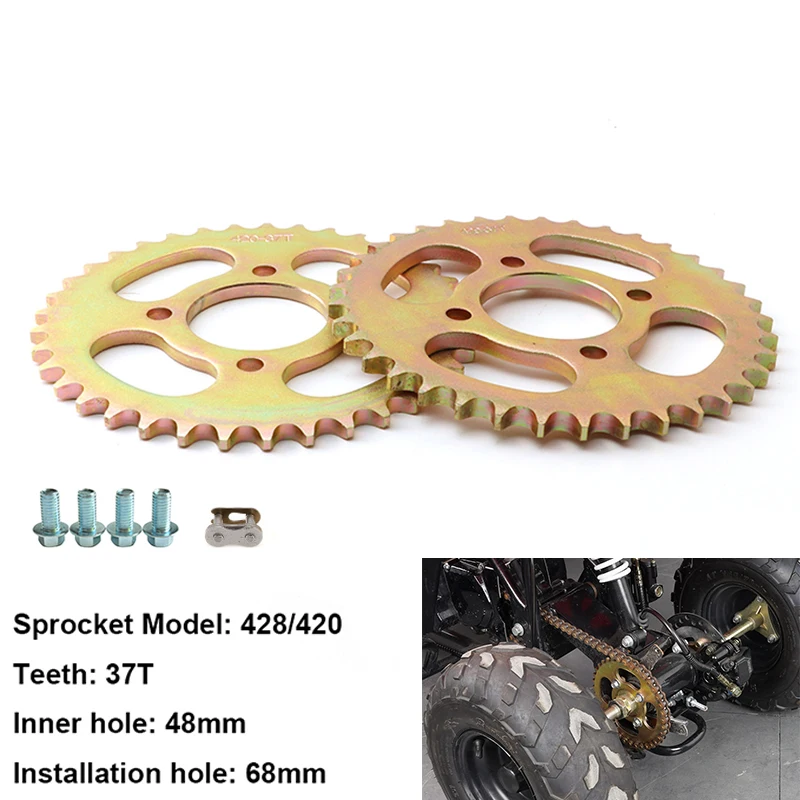 Roda dentada traseira atv 420/428 corrente 37 dentes 48mm 68mm espaçamento de parafuso para 50cc 110cc 125cc quads chineses 4 rodas trike motocicleta