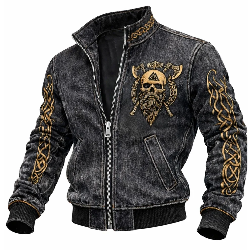 Norse Mythology Viking Skull Celtic Knot Print Denim Jacket, Men's Vintage Washed Stand Collar Casual Outerwear