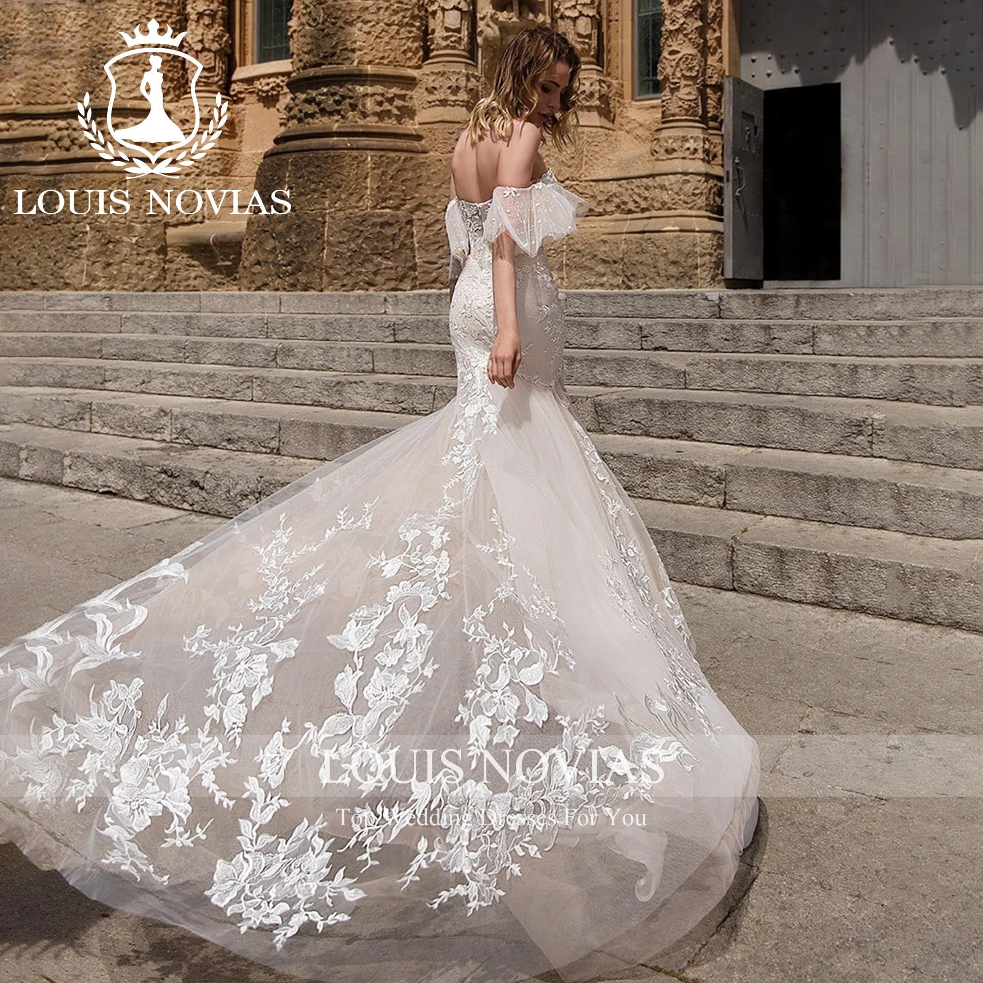 LOUIS NOVIAS Mermaid Wedding Dress 2023 Sweetheart Sequined Flare Sleeve Semi-Transparent Trumpet Wedding Gown Vestidos De Novia