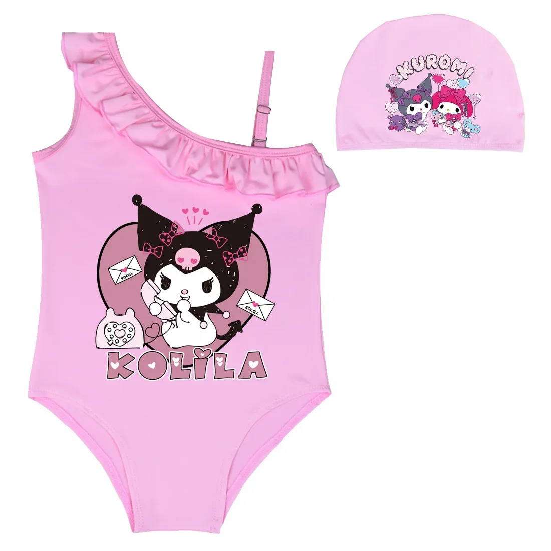 2023 Kuromi My Melody Swimsuit with Swimming Cap Kawaii Cartoon Summer Sanrio Children Girl Sport Swimwear Bathing Suit Gift Toy