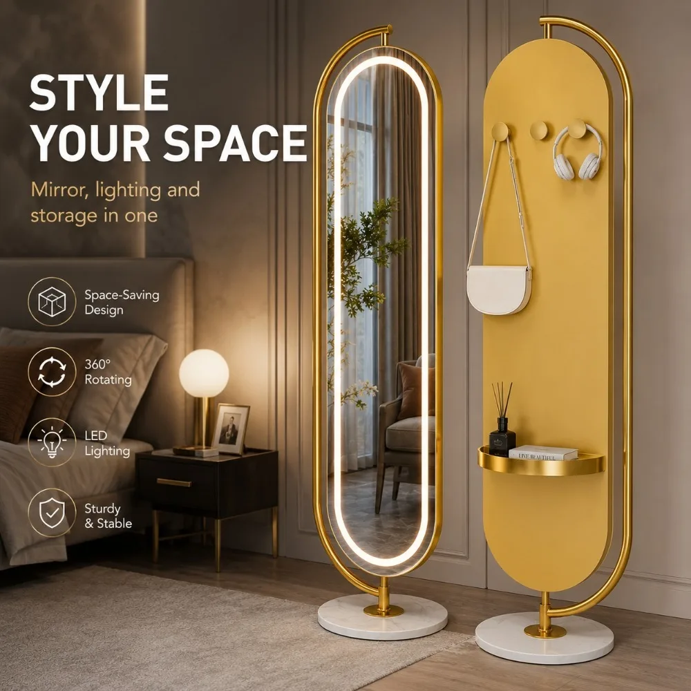 LED Full Length Mirror 360 Rotating Floor Mirror with Lights Touch Dimming Dressing Mirror Storage Stand Bedroom image 2