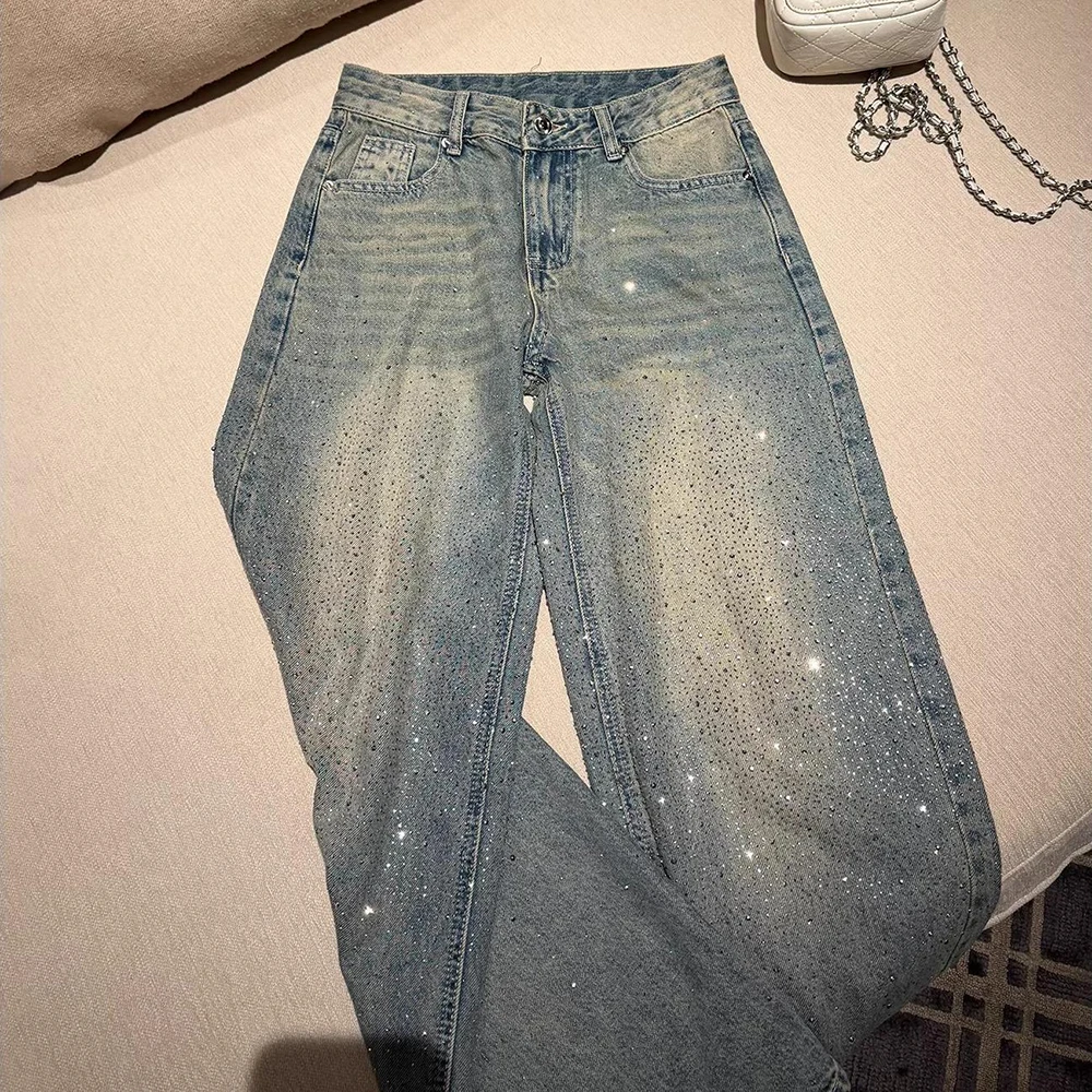 Women Rhinestone Wide Leg Jeans 2026 New American Style High Waist Straight Loose Denim Pants Sparkling Diamond Blue Jeans