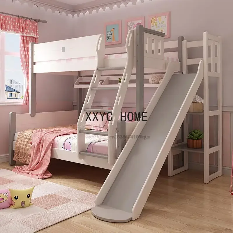 Nordic Style Small Apartment All Solid Wood Bunk Bed With Slide Princess Up Down Children Bedroom Bed Multifunctional Furniture