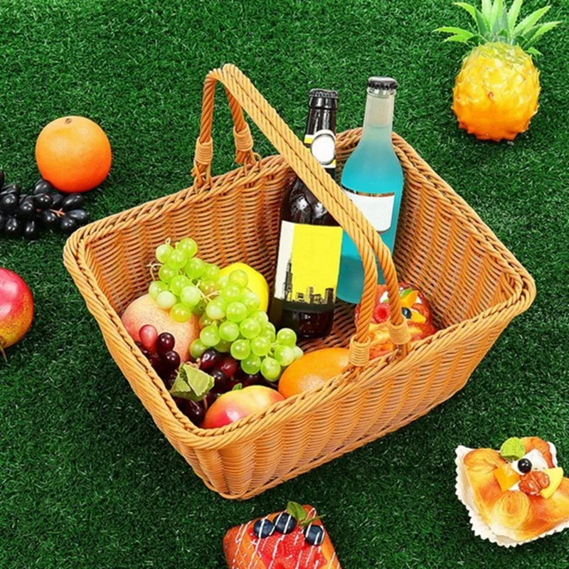 2X Durable Artificial Rattan Handmade Portable Picnic Basket Rattan Woven Supermarket Shopping Basket Rattan Basket