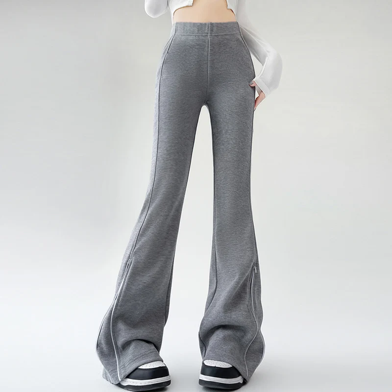 

New Autumn Flare Pants Women Sweatpants With Two Side Zippers High Waist Sport Joggers Women Workout Trousers Elastic Sport Pant