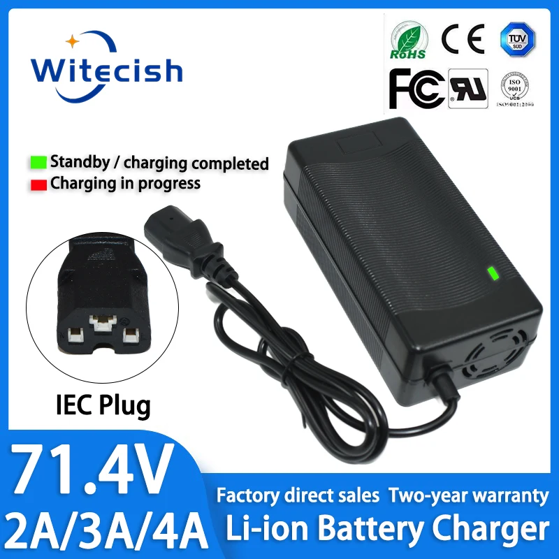 71.4V 3A 4A 2A Li-ion Charger 17S 61.2V 62.9V 3A Lithium Chargers T/PC/IEC 3Pin Connector