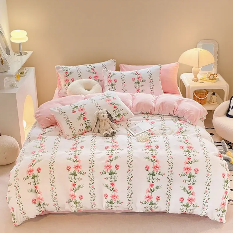 Super soft flannel duvet cover double-sided bed sheet large coral fleece duvet cover thick warm velvet plush 4-piece set