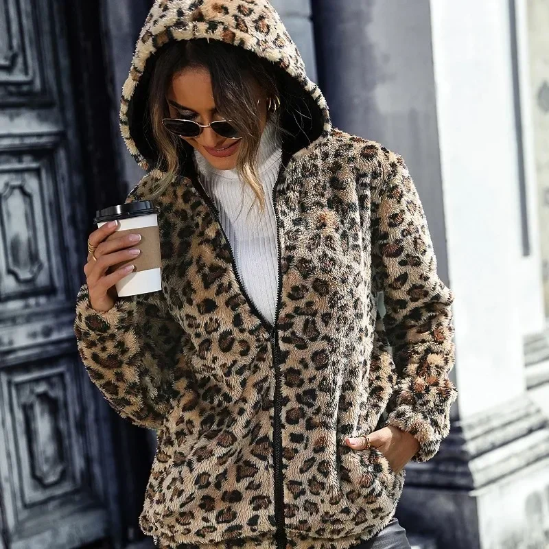 

Women's Leopard Print Hooded Coat Casual Long Sleeve Jacket Autumn Winter Leopard Print Mid-length Double-sided Fleece