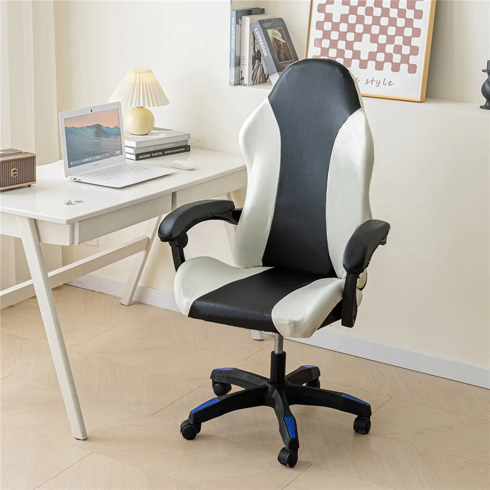 PU Leather Gaming Chair Cover Stretch Office Computer Rotating Lift Armchair Waterproof Seat Covers White and Black Non-slip