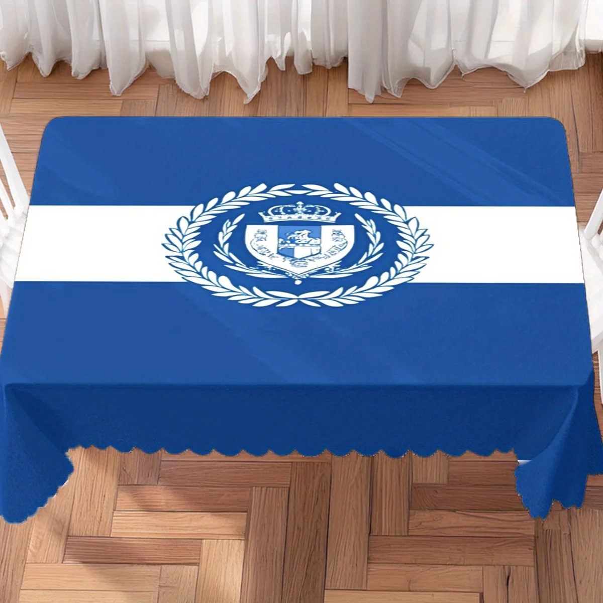 Blue White Flag With Crown Laurel Emblem Print Waterproof Tablecloth, Rectangular Table Cover For Home Party Table Decor