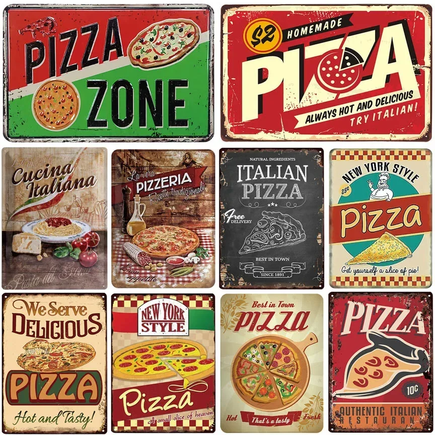 Letrero de Pizza, placa de hojalata Retro, pintura, imagen de Metal Vintage, decoración de pared para Pizzeria, restaurante, comedor