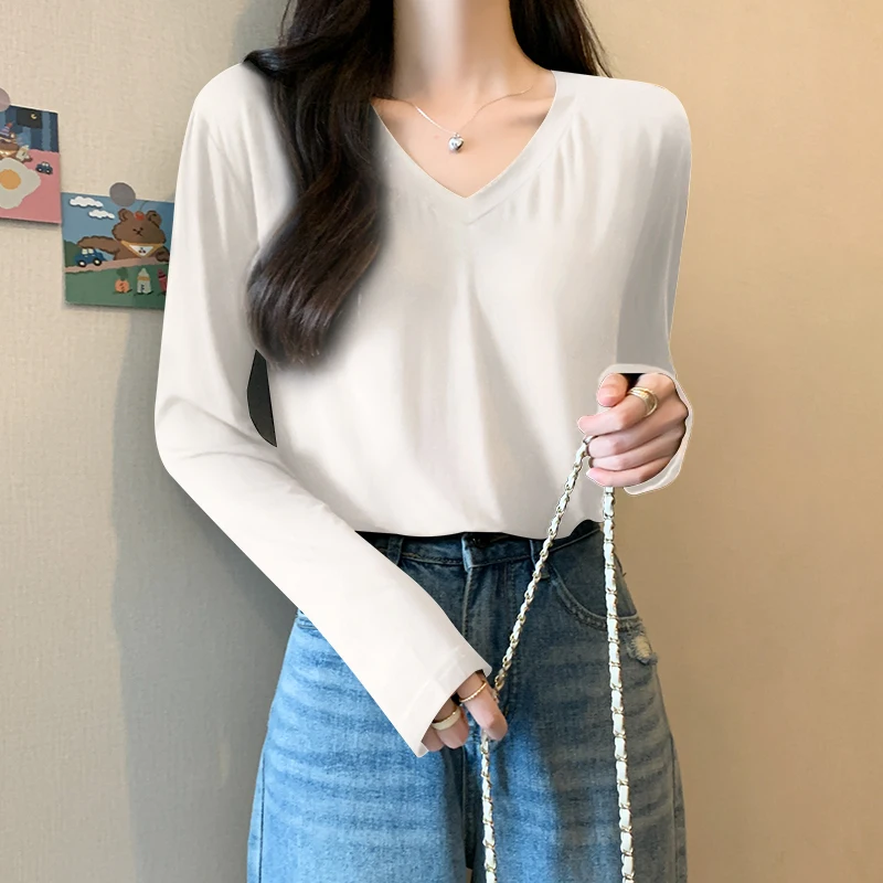 

Modal Loose Bottom Shirt Women Long Sleeve T-Shirt Autumn Winter Inside Ice Silk V-Neck Large Size Tops Thin Section