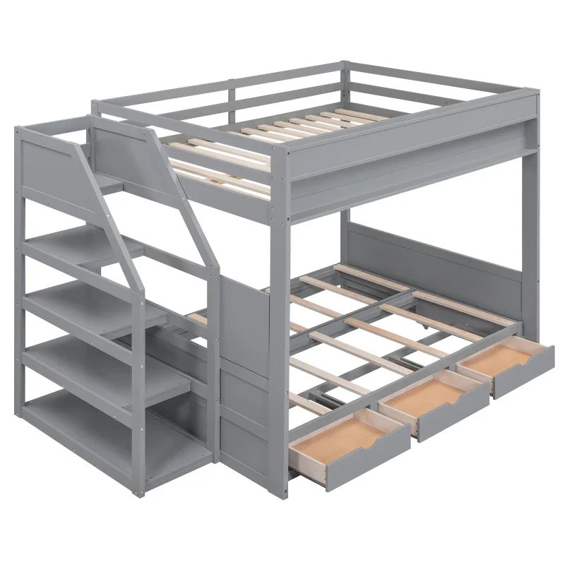 Wood bed Full Size Convertible Bunk Bed with Storage Staircase, Bedside Table, and 3 Drawers, Suitable for Bedrooms, Gray/White