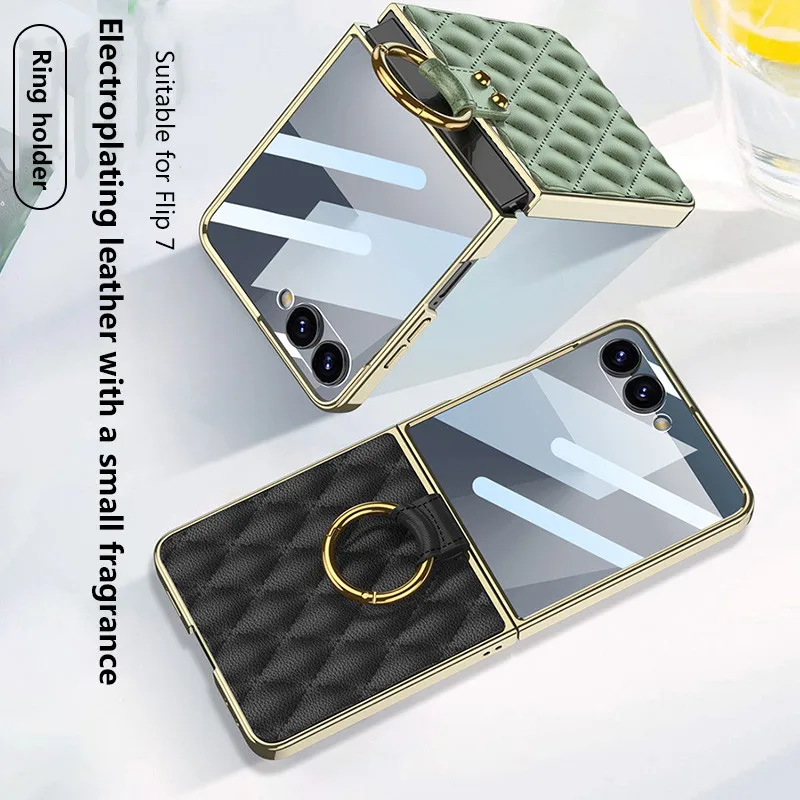 

Чехол для Samsung Z Flip 7 6 5 5G с кольцом в клетку, противоударный чехол для Galaxy Z Flip7 Flip6 Flip5, чехол с закаленной пленкой