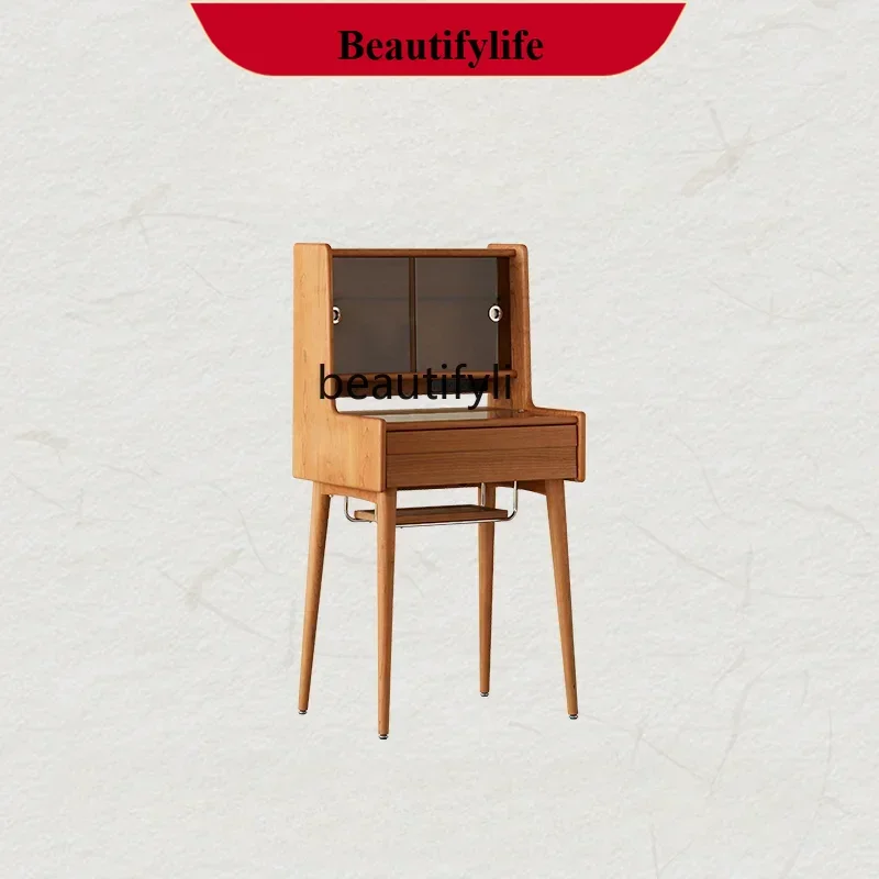 X  Small Apartment Solid Wood Dressing Table Narrow Retro Mid-Ancient Cherrywood Makeup Table Bedside Table Integrated