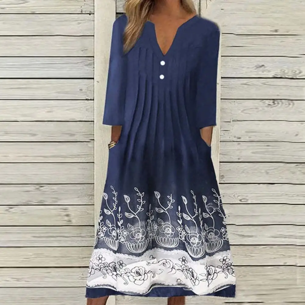 Midi Kleid Drei Viertel Ärmeln Frauen Kleid Große Saum Blume Sommerkleid