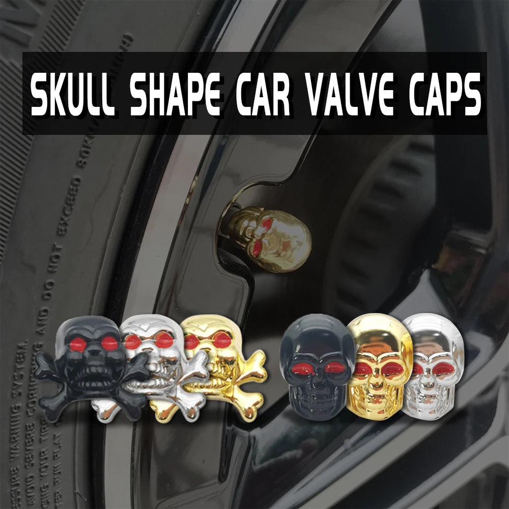 Skull Style Car Valve Cap 4 Pieces Universal Wheel Valve Cap Trim Accessories Dust Auto Tire Covers for Car Motorcycles Bikes