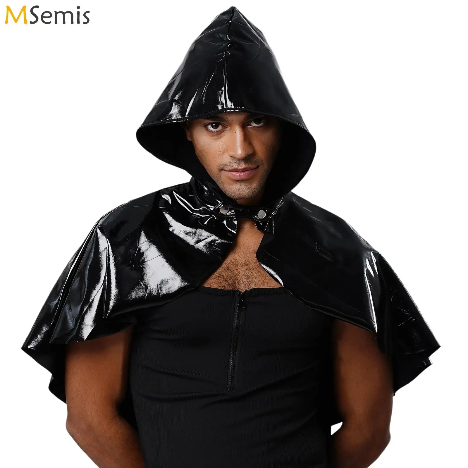 

Mens Wet Look Hooded Cloak Front Pressing Button Closure Cape Bolero Steampunk Gothic Cloak Cosplay Party Costume Disco Clubwear
