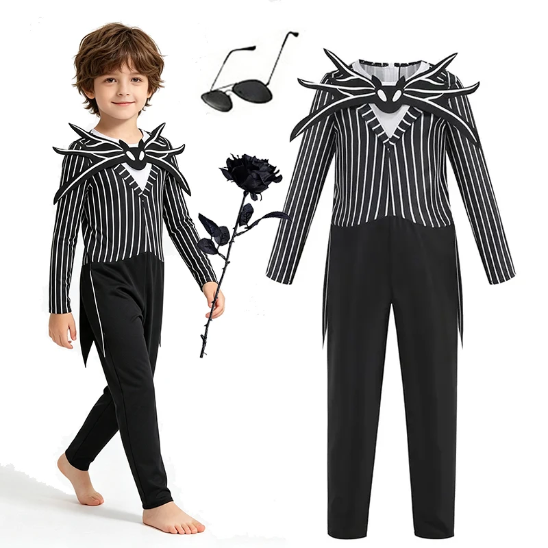 Little Boys Skeleton Jack Pumpkin King Striped Long Sleeve Suit Halloween Party Costume Gloves Mask Rose Bag Trick Or Treat Wear