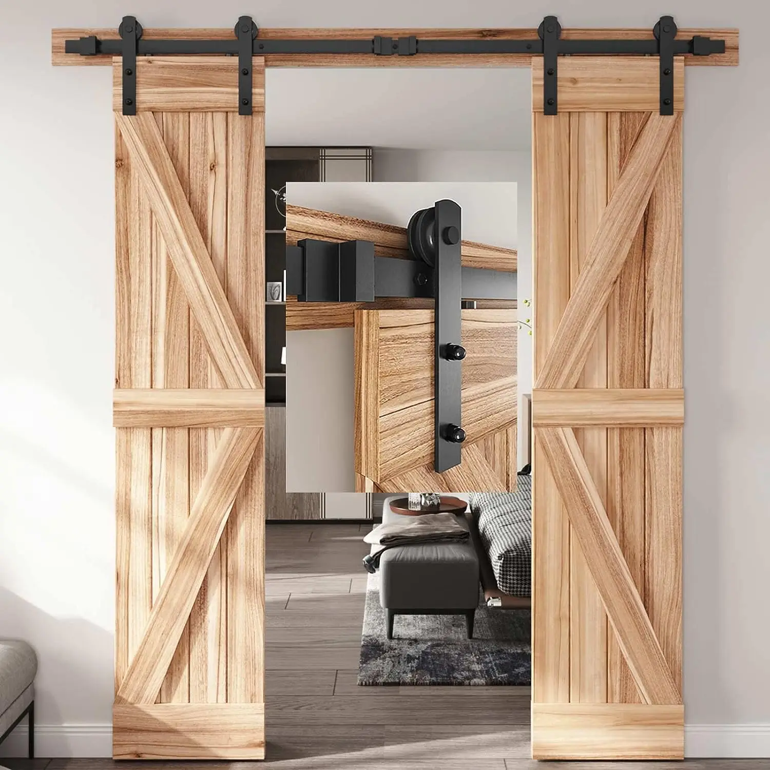 Lwzh Black Carbon Steel Sliding Barn Door Hardware 4-9.6ft Track Roller para Porta Dupla em Forma de i