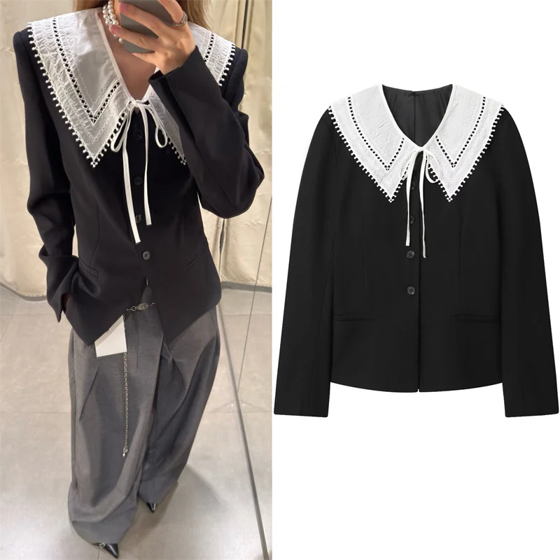 

Women's Jacket 2025 Autumn New Style Black Long Sleeve Detachable Collar Blazer Casual Fashion Personality