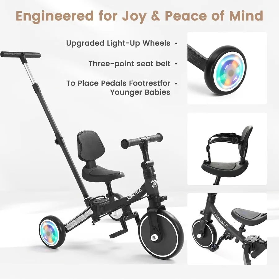 دراجة ثلاثية العجلات 5 في 1 للأطفال الصغار 1-3 دراجة أطفال قابلة للتحويل مع مقبض دفع ودواسات قابلة للإزالة دراجة توازن مع ضوء ملون #4