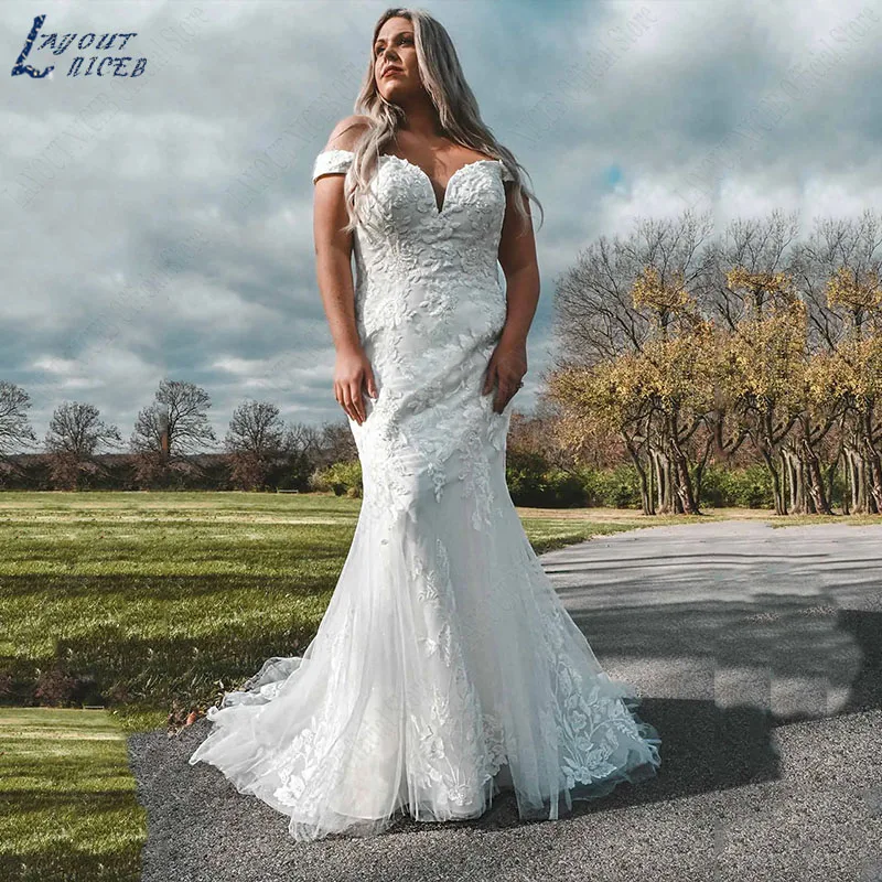 NICEB-vestido De novia De corte sirena para mujer, prenda De lujo con hombros descubiertos, apliques De encaje, talla grande, 2023 Sirena Vestidos de Novia Plus Size Lujo  Vestido De Novia Con Apliques De Encaje En Los