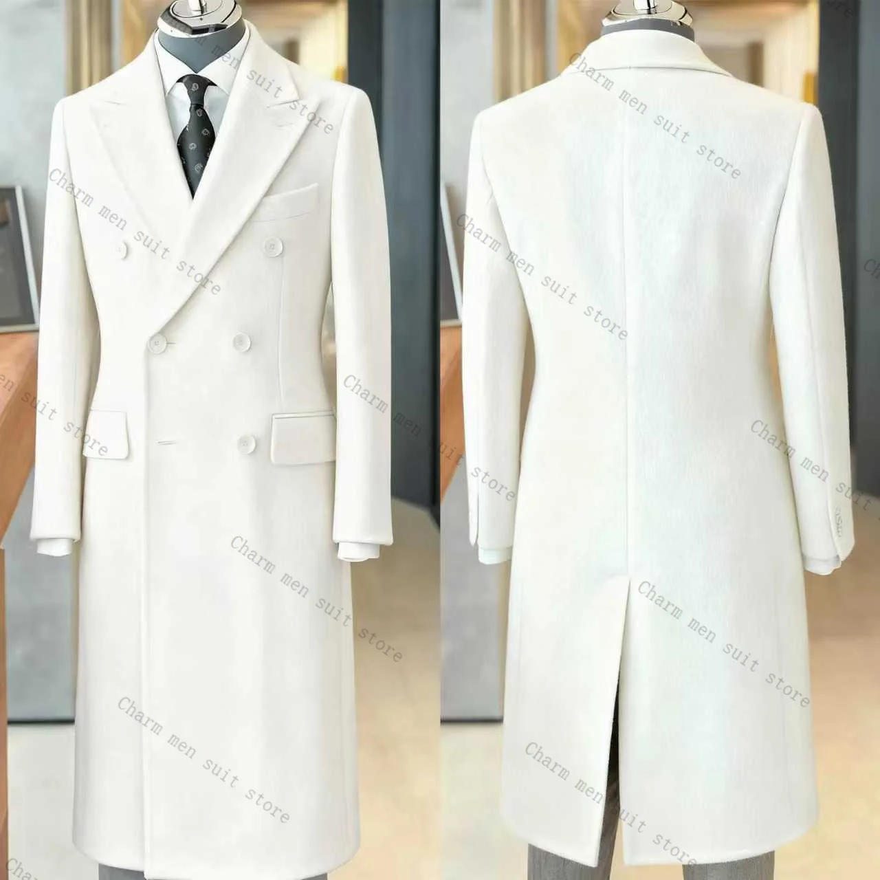 

White Men Suits 1 Pcs Long Cashmere Blazer Wool King Coat Wedding Tuxedos Formal Office Customized Winter Prom Jacket Overcoat
