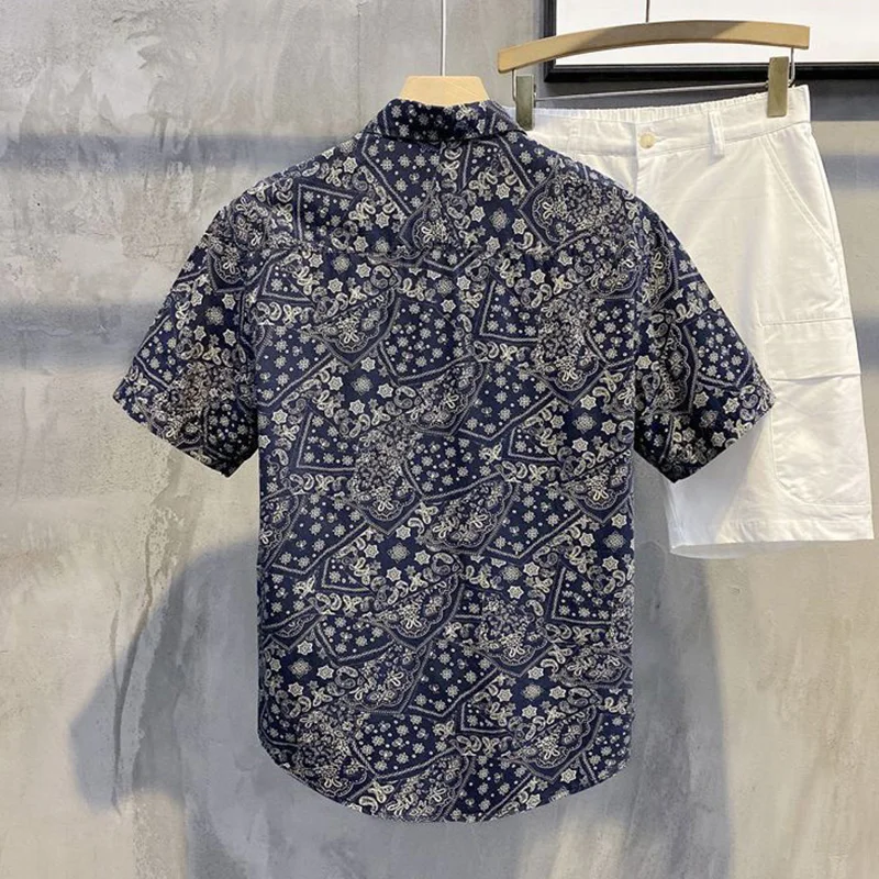 Summer Polo-neck Vintage Floral Printing Shirt Male Short Sleeve Harajuku Y2K Cardigan Top Men Patchwork All-match Casual Blouse